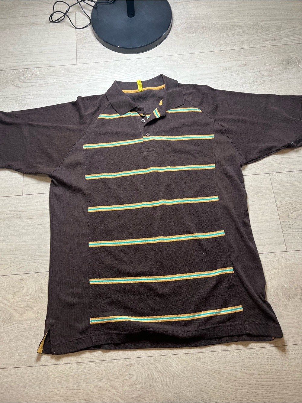 Raw Blue Men's Brown Polo Shirt with Yellow & Green Stripes XL Y2K vintage